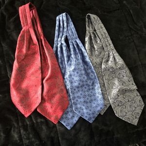 Set of Three Paisley ascot Ties in Red, Blue, and Gray